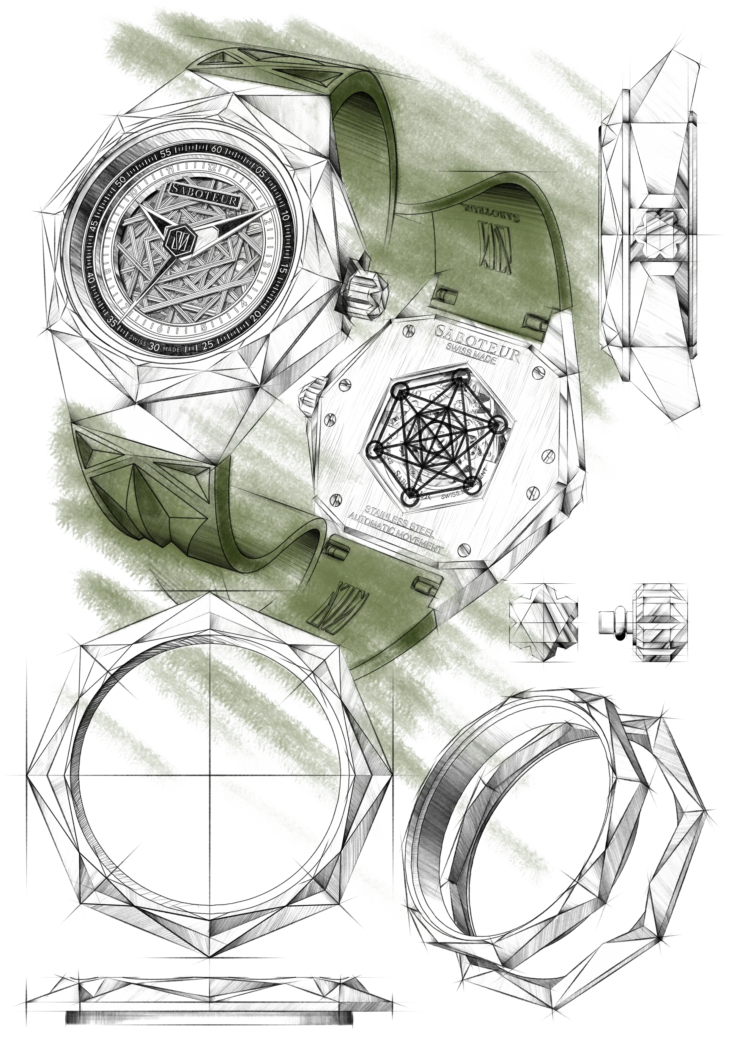 Technical drawing of the Sacra watch, case components and dial with Roman numerals