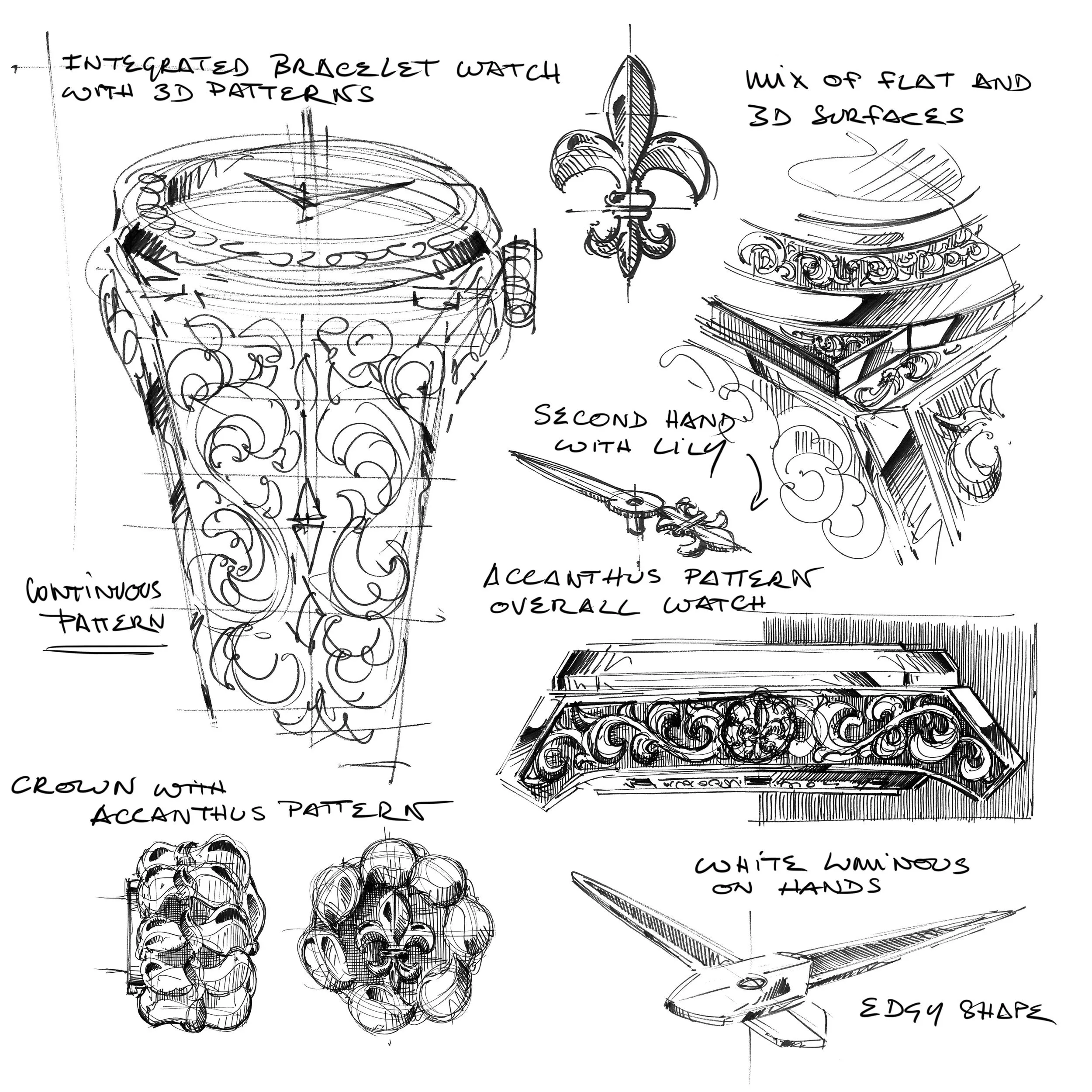 Croquis d’une montre à bracelet intégré, avec gravures d’acanthes et fleurs de lys — ACTE.5