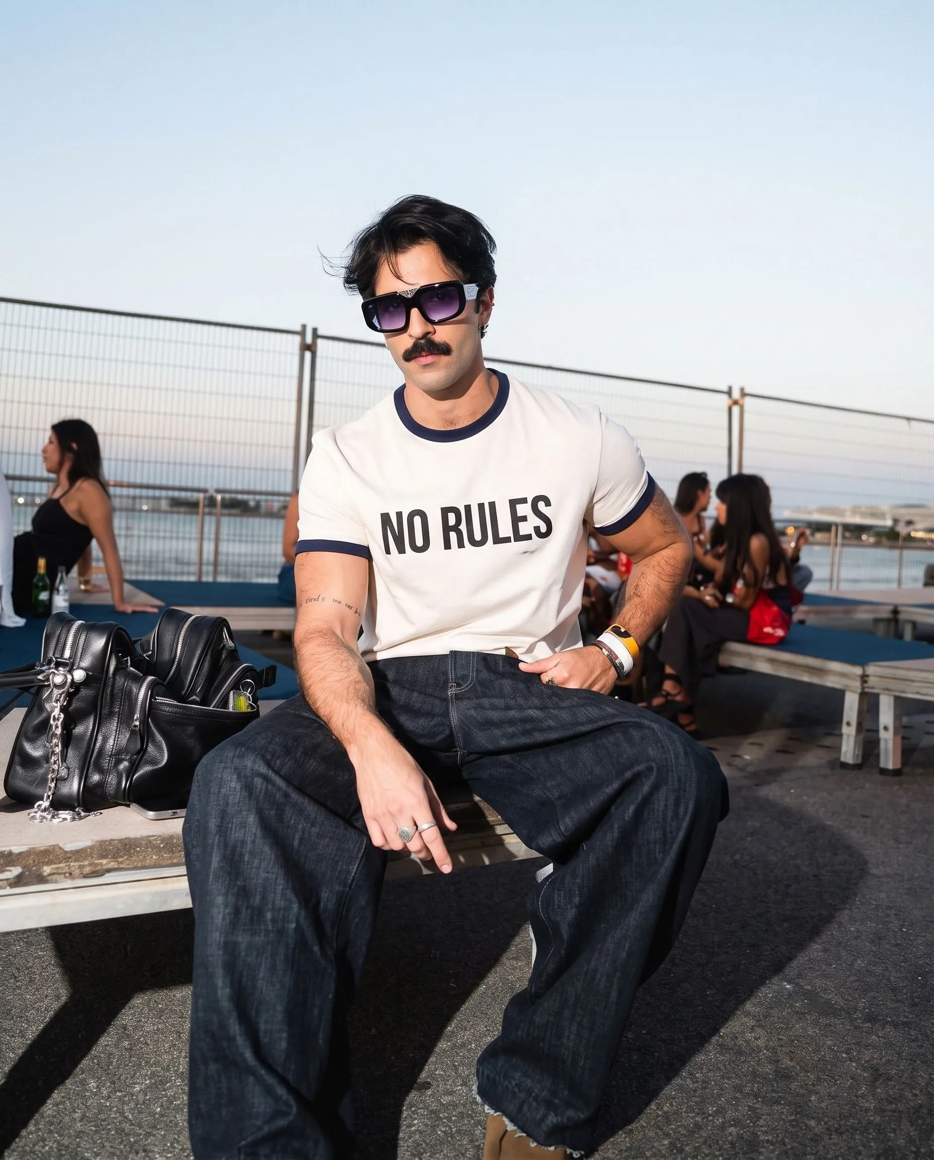 Man with dark hair, mustache, wearing large sunglasses and a white T-shirt with 'NO RULES' printed on it, sitting outdoors on a bench with backpacks nearby. Background includes a chain-link fence and several women sitting and standing, with a cityscape in the distance during daytime.