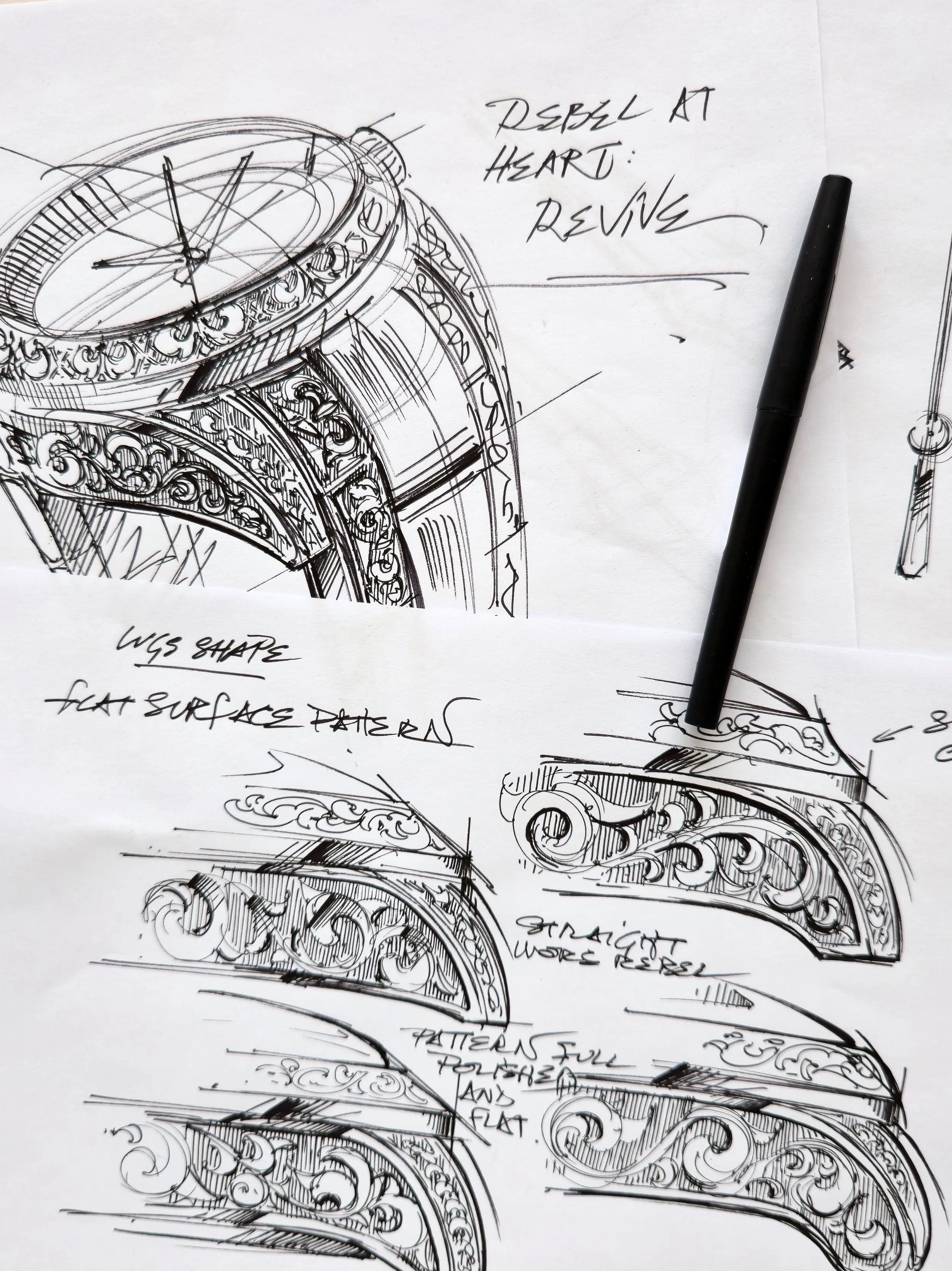 Pen sketches of a watch with engraved patterns and handwritten notes