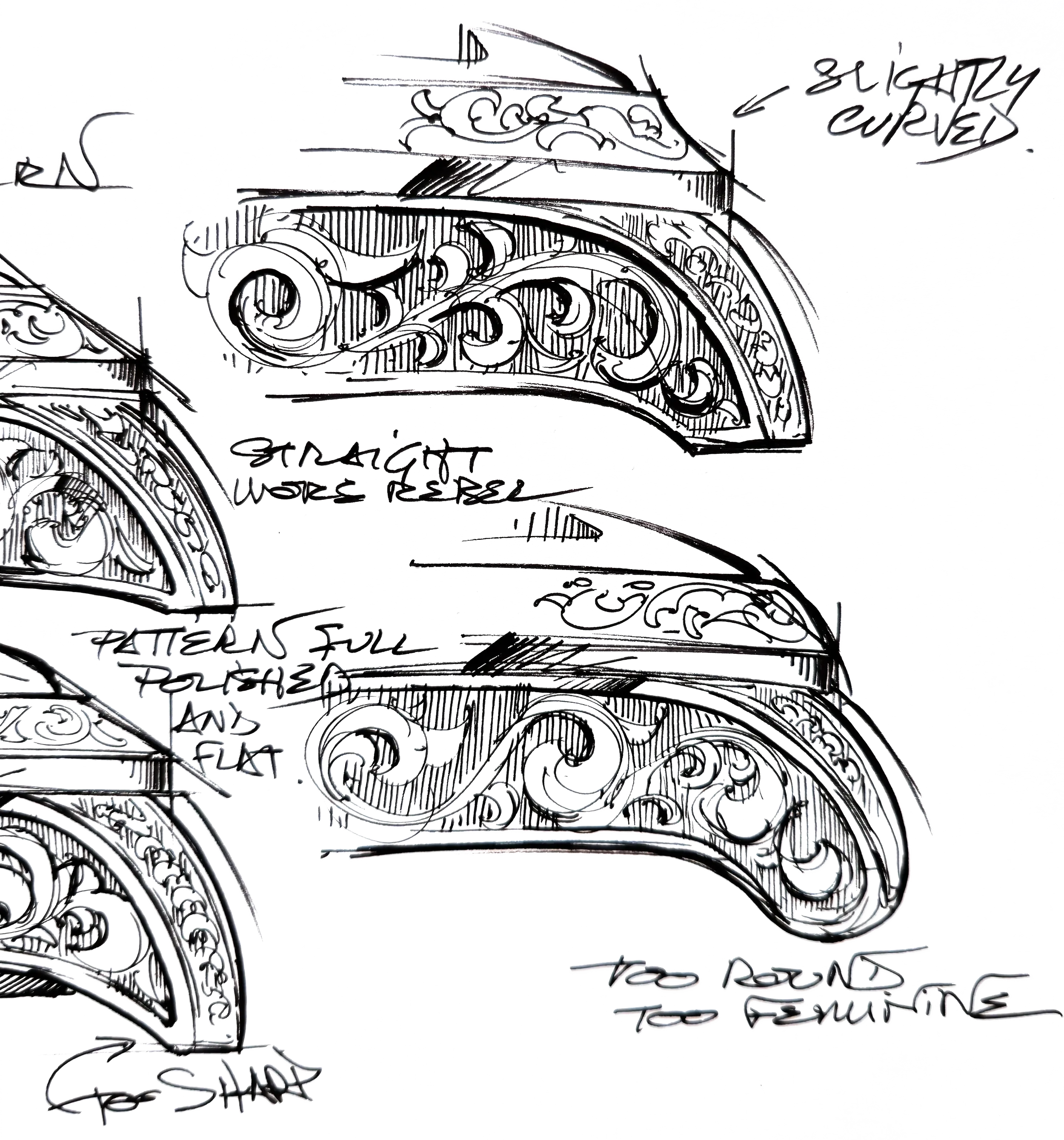 A black line drawing of a decorative arch with ornate scrollwork and patterns, and handwritten text around it. The drawing appears to be a sketch or concept for architectural or artistic design.