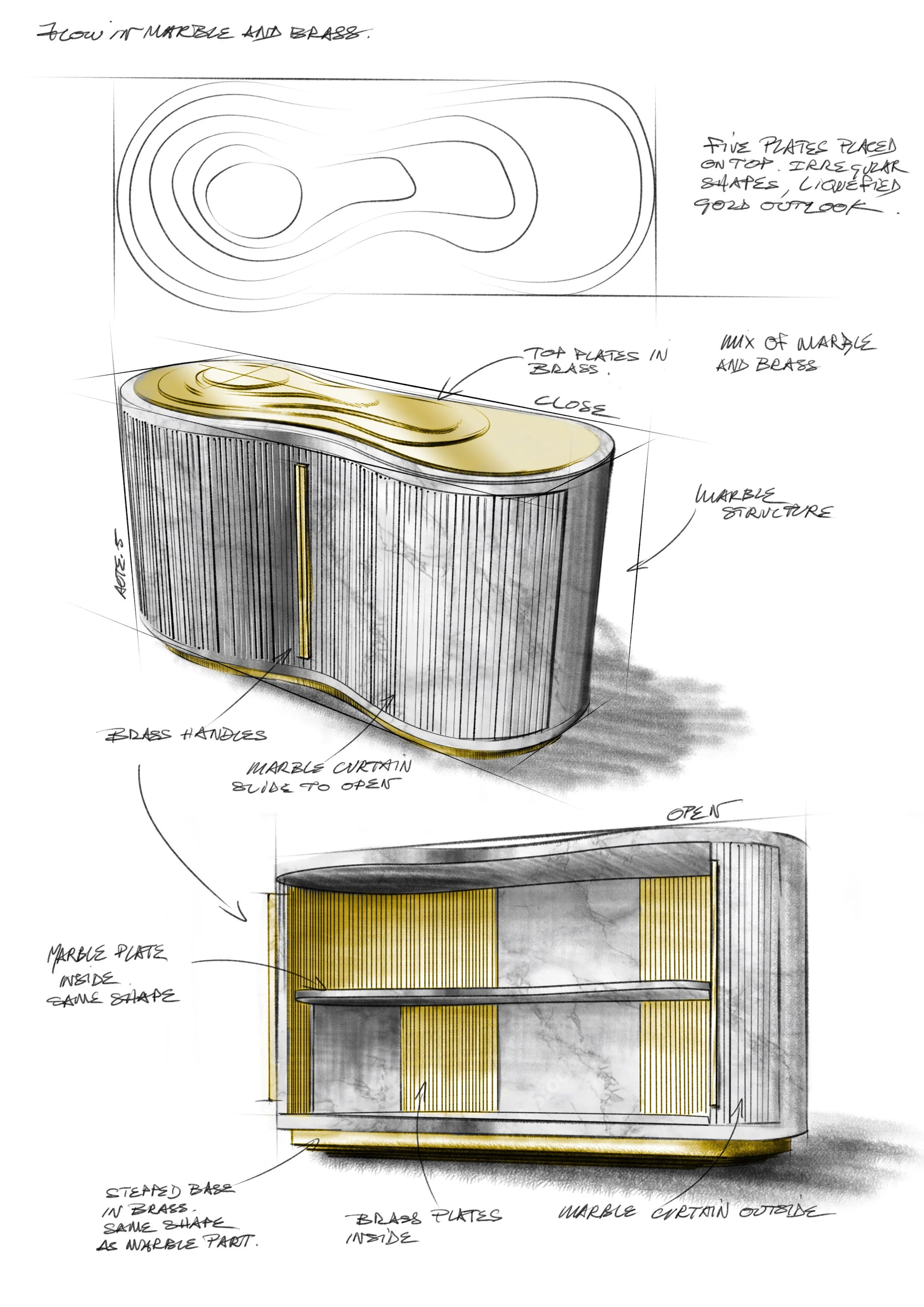Design sketch of a marble and brass container with top and side views, including details about the marble plates, brass handles, and marble curtain outside.