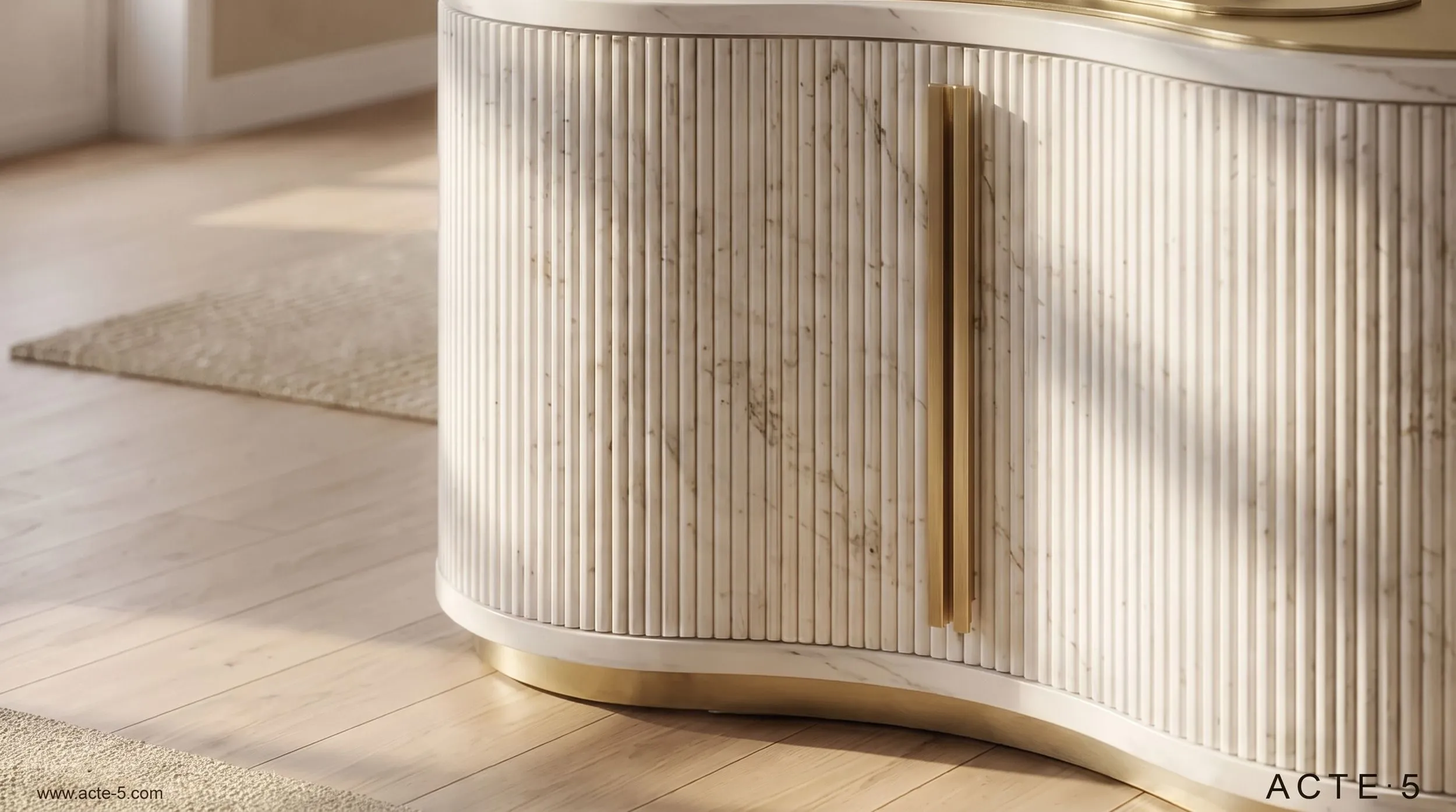 Close-up view of a rounded modern cabinet with vertical wood slats, gold accents, and a marble top in a contemporary interior.
