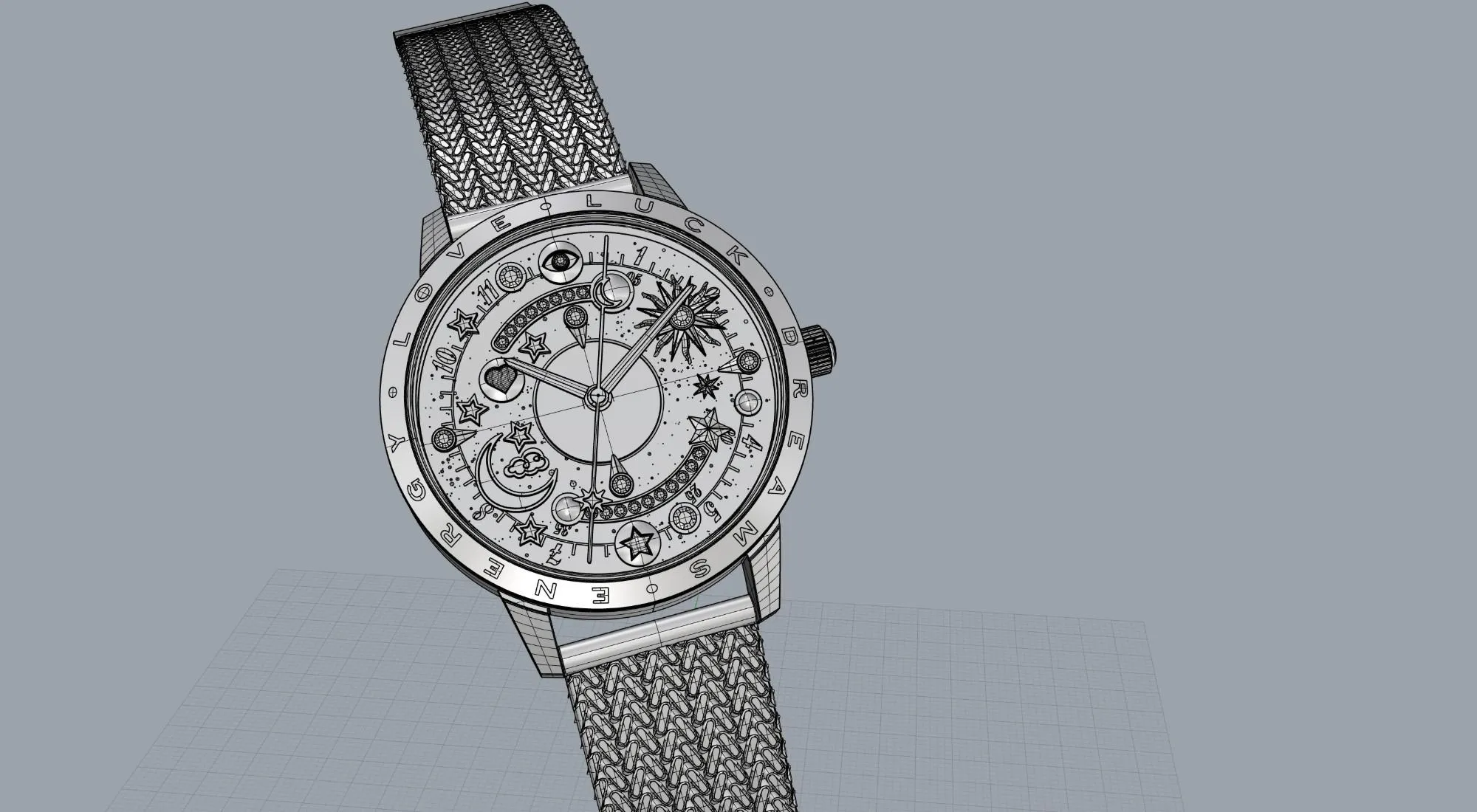 Watch CAD wireframe in Rhino, engraved dial and mesh bracelet — production-ready design by ACTE.5